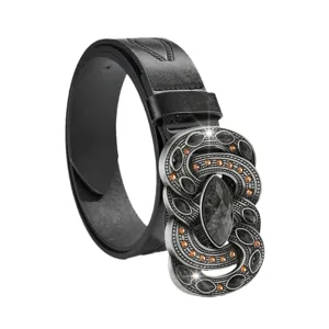 Ceinture rétro en cuir PU noir avec boucle en alliage sculptée et strass brillants chic.