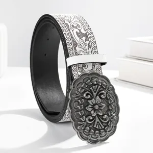 Cinturon de mujer vintage grabado con gran hebilla tallada de metal para uso diario moda