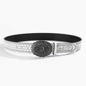 Cinturón blanco vintage con grabado floral para mujer accesorio elegante de moda diaria