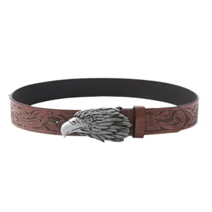 Ceinture en cuir PU marron vintage avec gaufrage détaillé et boucle de tête d'aigle en métal.