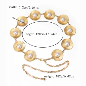 Gouden metalen cirkel parel tailleketting detail met breedte lengte en gewichtspecificatie.