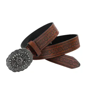 Vintage marron floral grabado cinturon de cuero para mujeres con gran hebilla plateada.