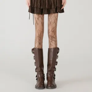Brown floral fishnet tights detail shot, showing intricate lace pattern and stylish leg wear design.