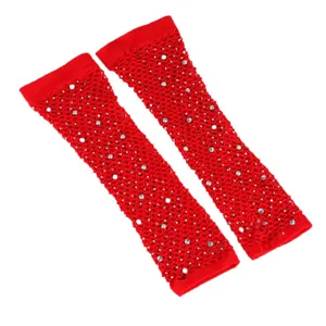 Rote Netz-Armstulpen mit Strass, glitzernde Mesh Handschuhe fur Party und Sommer Sonnenschutz.