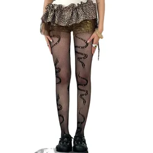 Detailed view of punk y2k black fishnet tights featuring unique snake pattern for alternative style.
