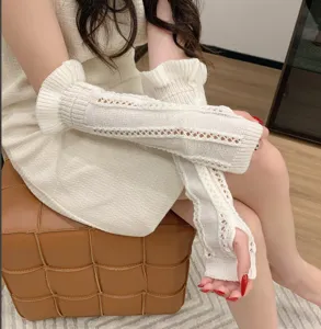 Breathable knitted long arm sleeves, Lolita JK style sun protection gloves for women.