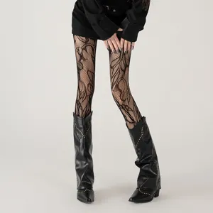 Floral fishnet stockings for women, elegant mesh tights with stylish botanical patterns.