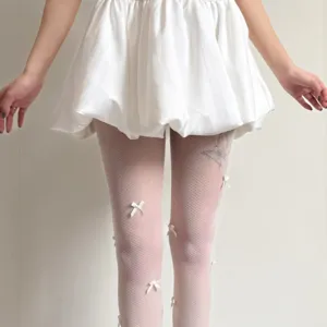Rosa Netzstrumpfhose mit weißen Schleifen, Lolita Netzstrumpfhosen für Frauen und Mädchen.
