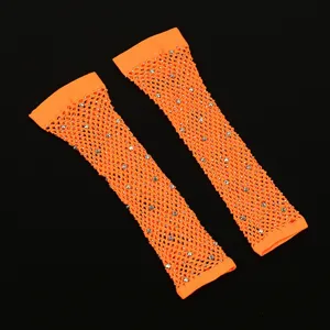 Orangefarbene Strass Fischnetz Handschuhe Detail, sexy Party Netz Ärmel für Damen.