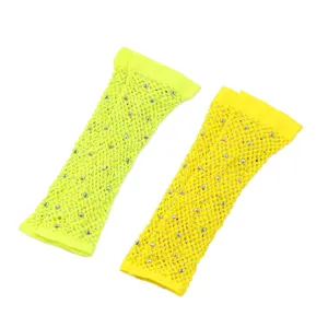 Neon gelbe Strass Fischnetz Handschuhe elastische Mesh Party Kostueme Aermel Damen