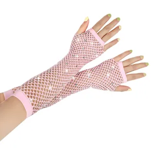 Rosa Netz Handschuhe mit Strass, elastische Netzstoff fingerlose Party Handschuhe.