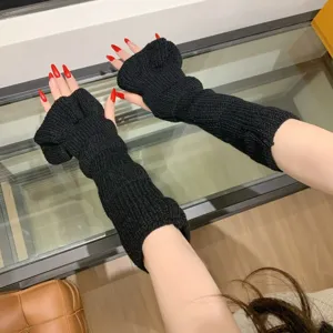 Black knit arm warmers winter warm flare sleeves fingerless gloves for women ripple style.