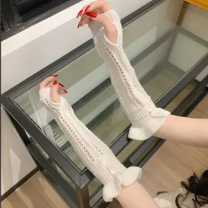 White knitted arm warmers lolita jk sleeves fingerless long gloves sun protection cute