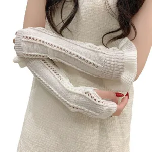 White knitted arm sleeves for women, Lolita JK style hollow out long sun protection gloves.