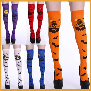 Halloween Overknees Strümpfe mit Fledermaus und Schloss Print, lange Cosplay Kostüm Socken Damen.