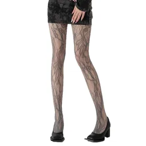 Sexy grey floral fishnet tights for women, stylish lace mesh stockings for daily wear.