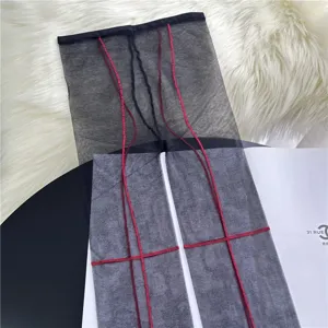Sheer pantyhose with striking red cross lines, ultra-thin and sexy for spring and summer.