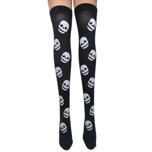 Halloween schwarze Totenkopf Overknee Socken gothische lange Strümpfe Damen Hauptansicht.