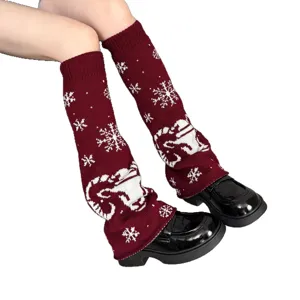 Burgundy knitted leg warmers with snowflake patterns, cozy winter JK style slouch socks for women.