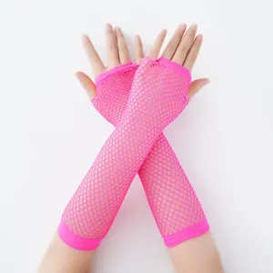 Lange Netz-Fingerlose Handschuhe Neon-Rosa Sonnenschutz Armstulpen für Damen im Sommer