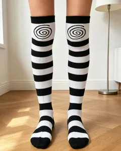 Black and white striped over knee socks with spiral pattern for women and girls daily wear.