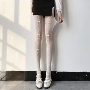 Weisse hohle Schleifen Netzstrumpfhose fur susse JK Stil, elastische Strumpfhose.
