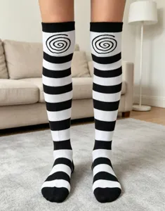 Detailed shot of black and white striped over-the-knee socks featuring a unique spiral pattern.