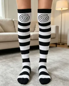 Black and white striped over the knee socks with spiral pattern, stylish JK thigh highs.