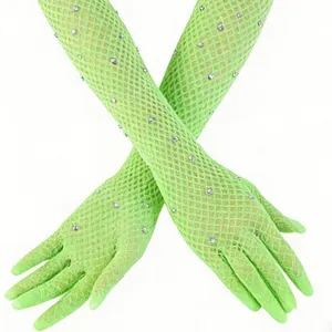 Lange neon grüne Strass Netz Handschuhe glitzernde Fischnetz Rave Party Kostüm Accessoires