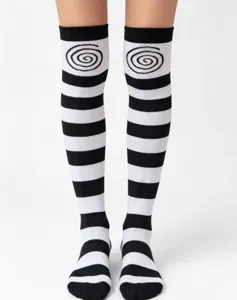 Fashion black white striped over knee thigh high socks with cute spiral vortex print.