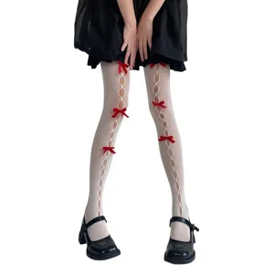 Japanische weiße Netztrumpfhose mit roten Samtschleifen für JK Stil Cosplay Mädchen.
