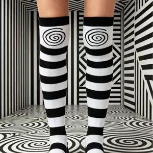 Women Black White Striped Swirl Over The Knee Socks JK Preppy Style Thigh High Stockings Polyester Knitted Long Socks