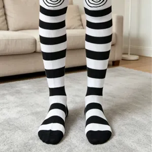 Classic black and white striped over-the-knee socks, stylish JK thigh high hosiery for daily wear.