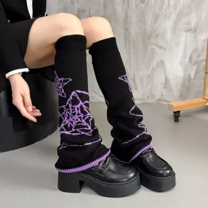 Schwarze Strick-Beinlinge mit lila Sternenmuster, Y2K Stil warme Damen Beinwärmer.