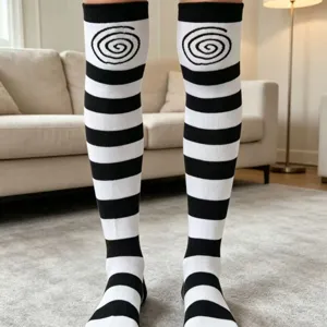 Black white striped over-the-knee thigh high socks with spiral pattern for women.