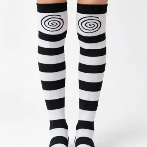 Black and white striped over-the-knee thigh high socks with spiral pattern for women.
