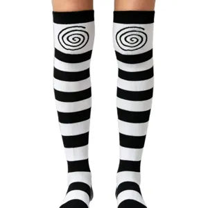 Black and white striped over-the-knee thigh high socks with spiral pattern for JK girls fashion.