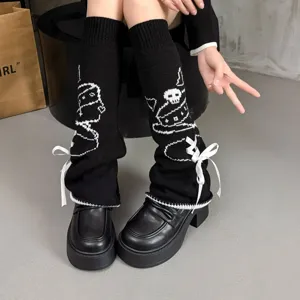 Black knit leg warmers featuring white bows and skull pattern for stylish JK uniform wear