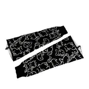 Black knit leg warmers with cute cat pattern, stylish JK style winter warm leg covers pair.