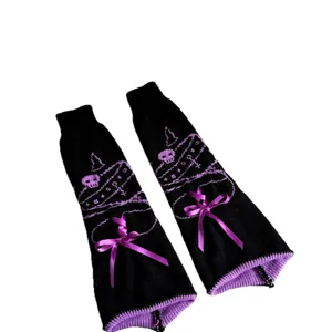 Black knit leg warmers featuring purple ribbon bow and gothic skull design, JK socks
