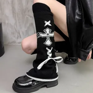 Schwarze Lolita Strick Beinlinge mit gotischem Kreuz und weißer Schleife für den Winter
