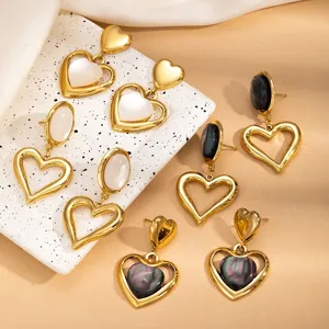 French style hollow out cat's eye stone heart titanium steel earrings retro chic jewelry