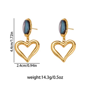 European French hollow cat's eye stone heart titanium steel earrings for women retro daily