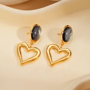 Gold titanium steel heart-shaped earrings with dark cat's eye stone detail, elegant retro style.