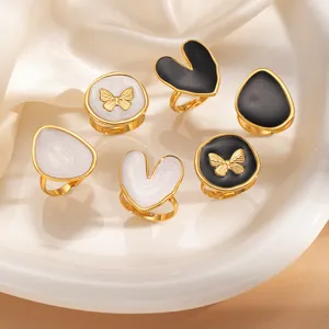Anello Aperto Vintage Acciaio Inossidabile Donna Smalto Cuore Farfalla Rilievo Placcato Oro Moda Anello Regolabile