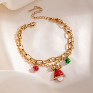 Bracciale a catena doppia dorato con campanelle di natale e ciondoli renna, acciaio inox.