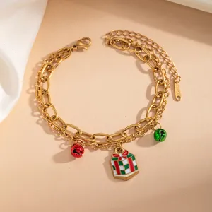Bracciale di Natale a doppio strato in acciaio inossidabile con ciondolo regalo e campana