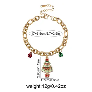 Christmas enameled stainless steel charm bracelet with tree and bells, size and weight specs.