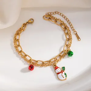 Bracciale natalizio a doppio strato in acciaio inossidabile con pupazzo di neve e campanelle.