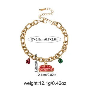 Christmas enamel stainless steel charm bracelet with bells and chain link design.